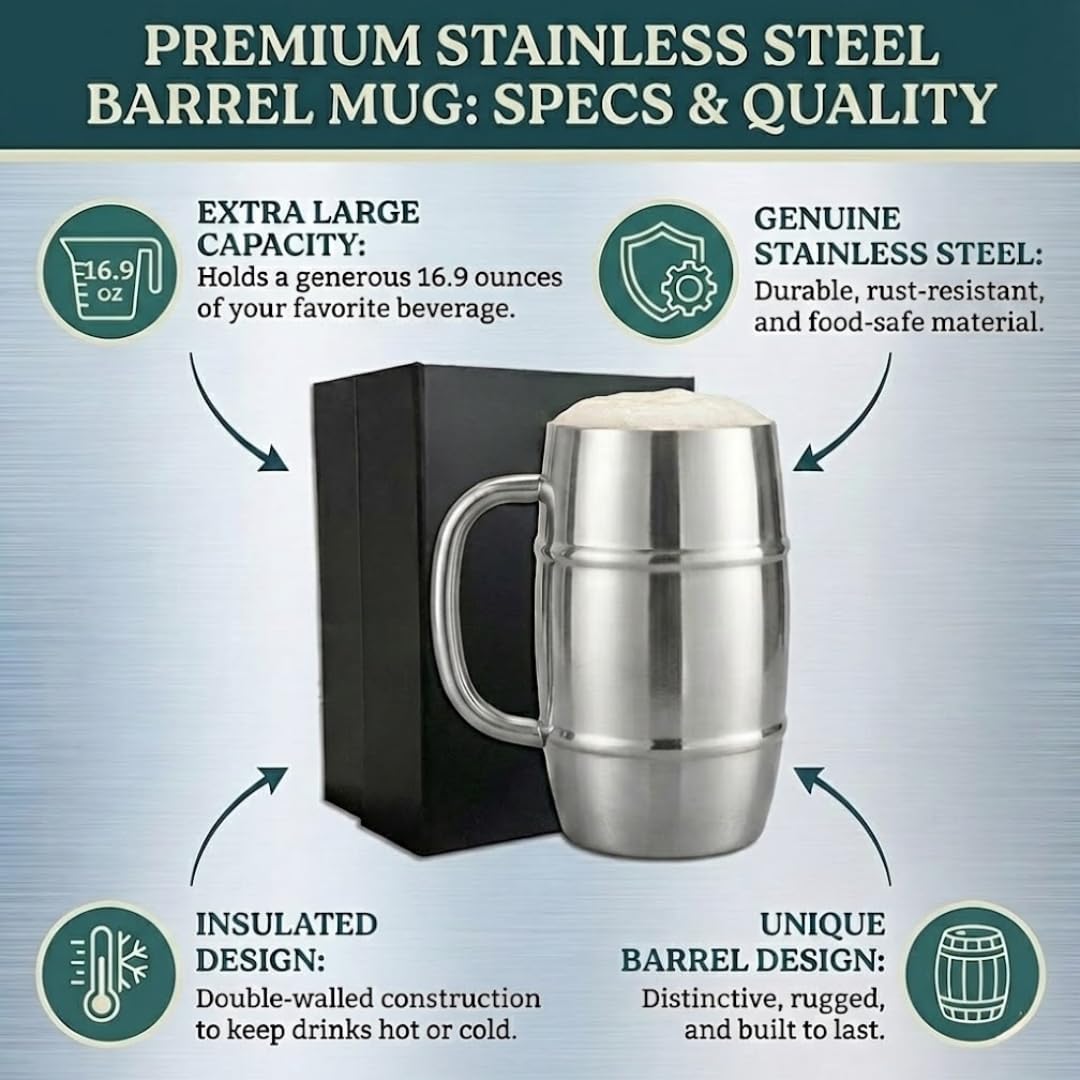 Silver Beer Mug 500ml for Men & Home Bar | Stainless Steel Beer Cup with Matte Interior & Polished Silver Exterior | Durable Large Beer Stein for Beer, Ale & Cocktails | by L’escape Artiste - Image 2