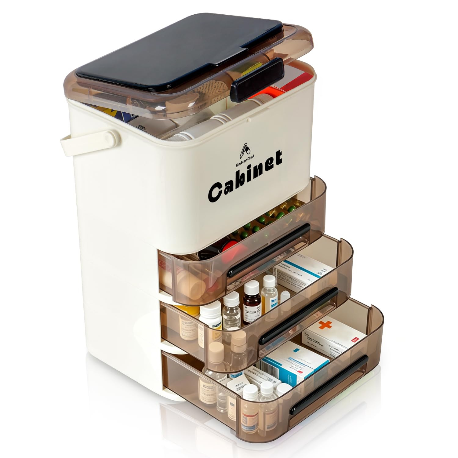 4-Tier Medicine Organiser, Medicine Storage Box Cabinet, Portable Empty First Aid Box with Handle for Home, Medical Supplies & Emergency Essentials