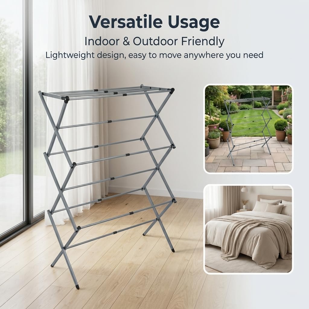 Drying Racks 3 Tier Expandable Clothes Airer Collapsible Clothes Drying Rack, Space-Saving Laundry, Hanging Clothes Indoors & Outdoors, Lightweight, Compact, Folds Away for Convenient Storage