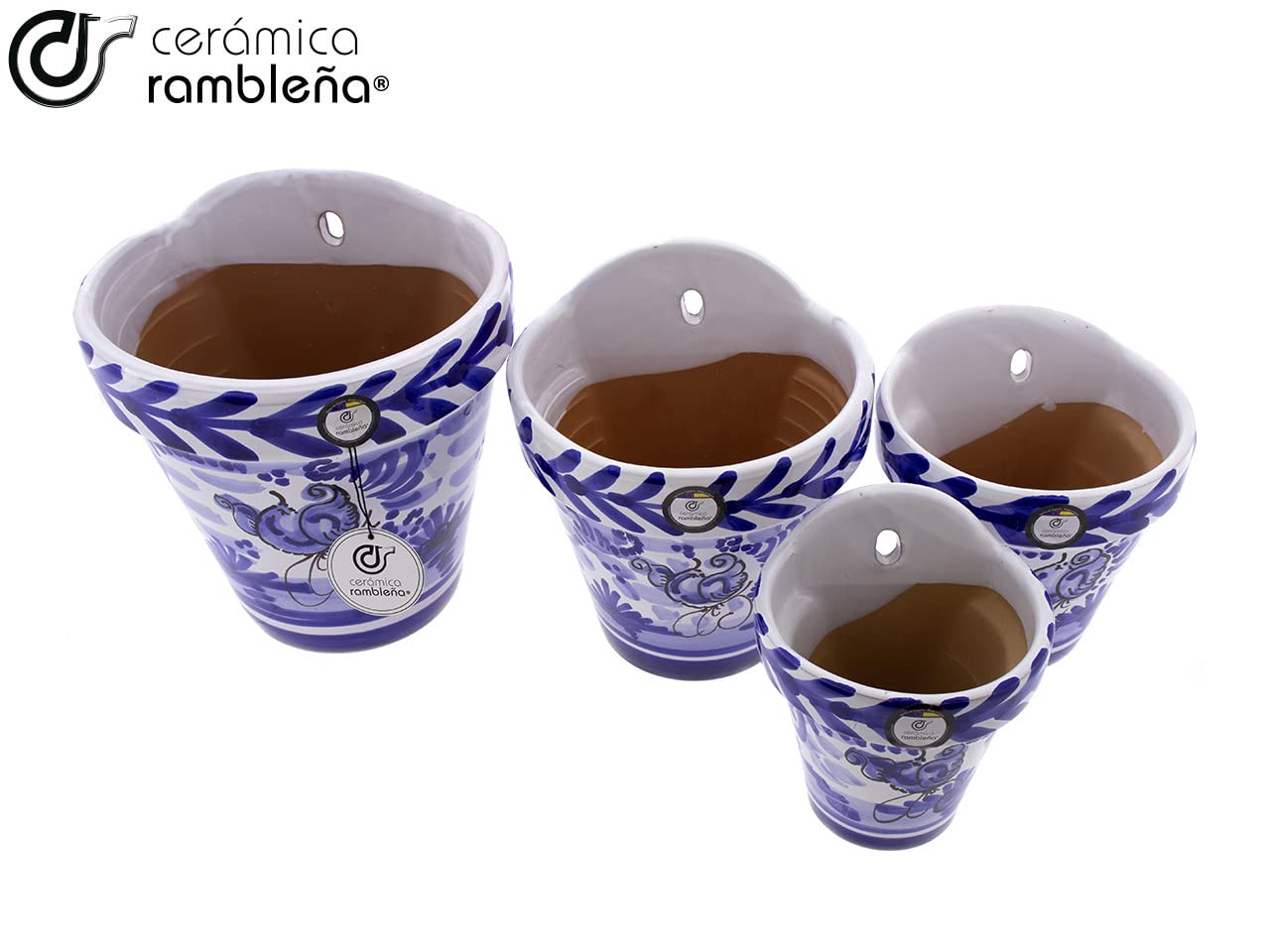 CERÁMICA RAMBLEÑA | Maceta Colgante Pileta | Maceta de Barro para Colgar | Conjunto x4 Maceta Pared Patios de Córdoba Montería Azul - Modelo D118 | 100% Decorada a Mano