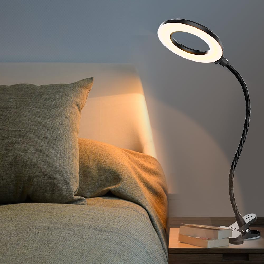 Lampe de bureau à clipser, rose, plastique, 3 modes de couleur et 10 niveaux de luminosité, col de cygne flexible, port USB, pour la lecture, la couture, les travaux manuels