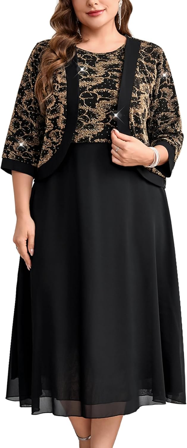 CYCLAMEN Plus Size Mother of The Bride Dress 2 Piece Set with Jacke Chiffon A-Line Sparkly Gown for Wedding Guest Formal