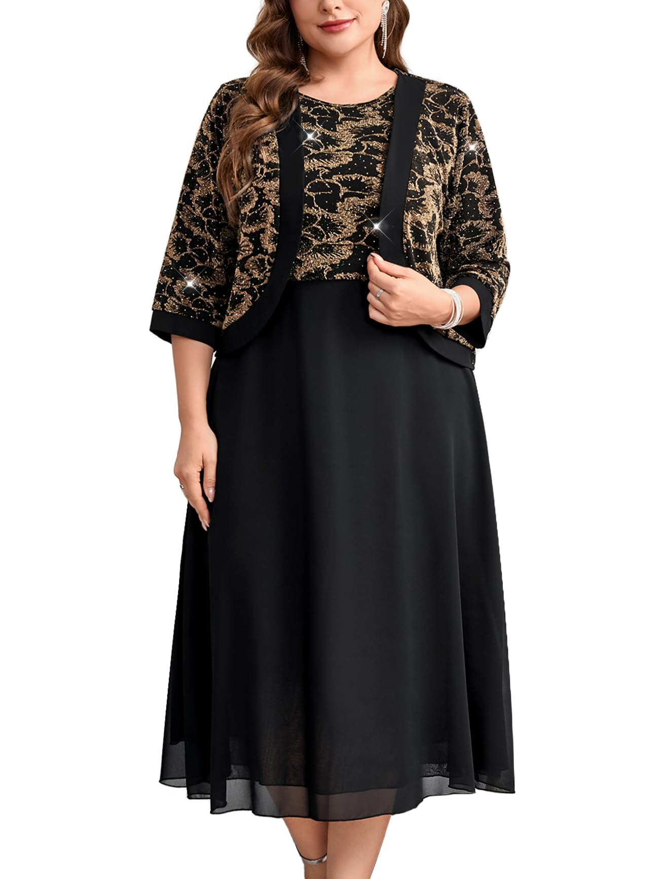 Photo 1 of CYCLAMEN Plus Size Mother of the Bride Dress 2 Piece Set with Jacke Chiffon A-Line Sparkly Gown for Wedding Guest Formal, Gold & Black, 1X