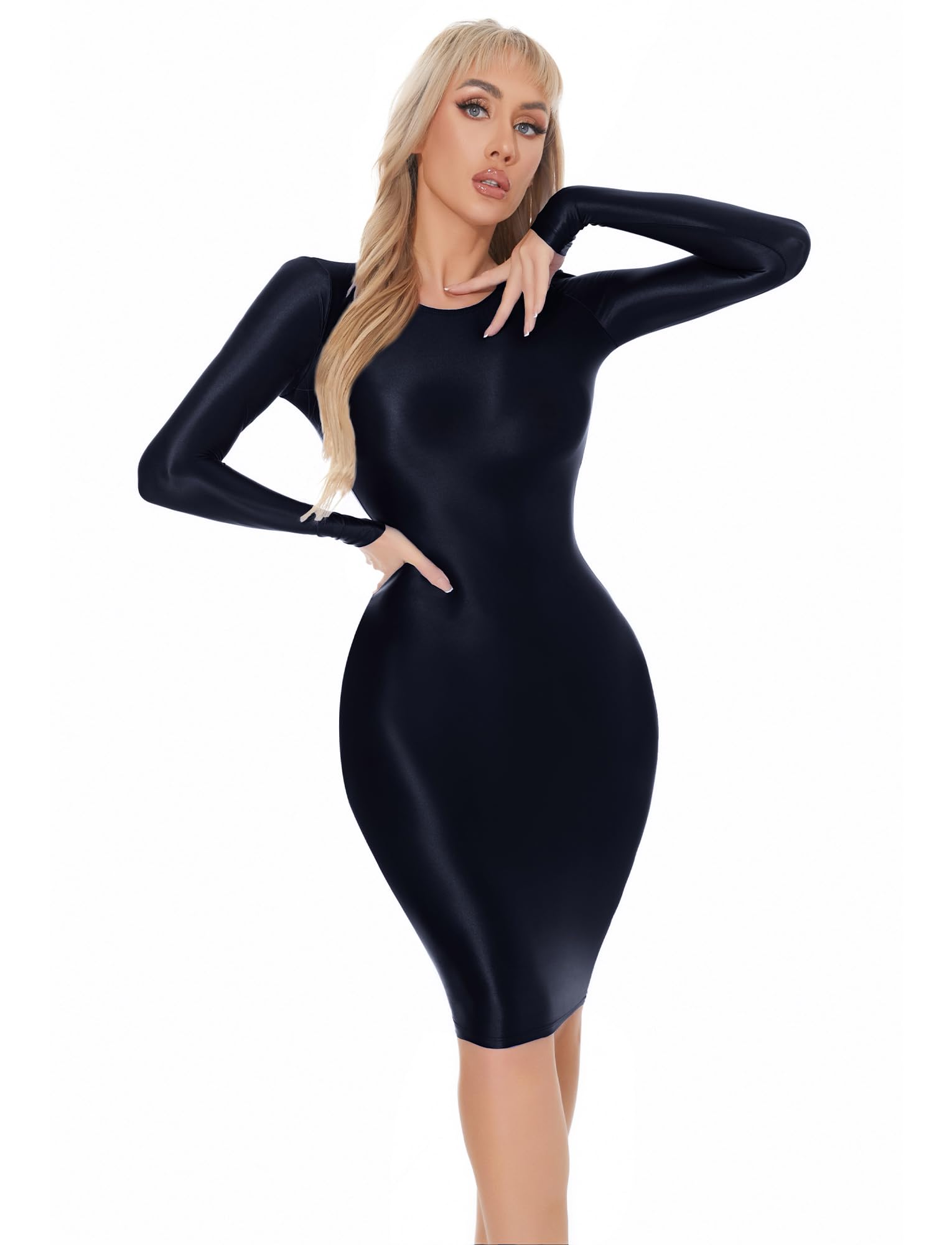 Maeau Vestito da donna lucido, abito sexy lucido, a matita, a maniche lunghe, attillato, elasticizzato, lucido, abito da club, lunghezza al ginocchio, con brillantini, per feste, clubwear M XL