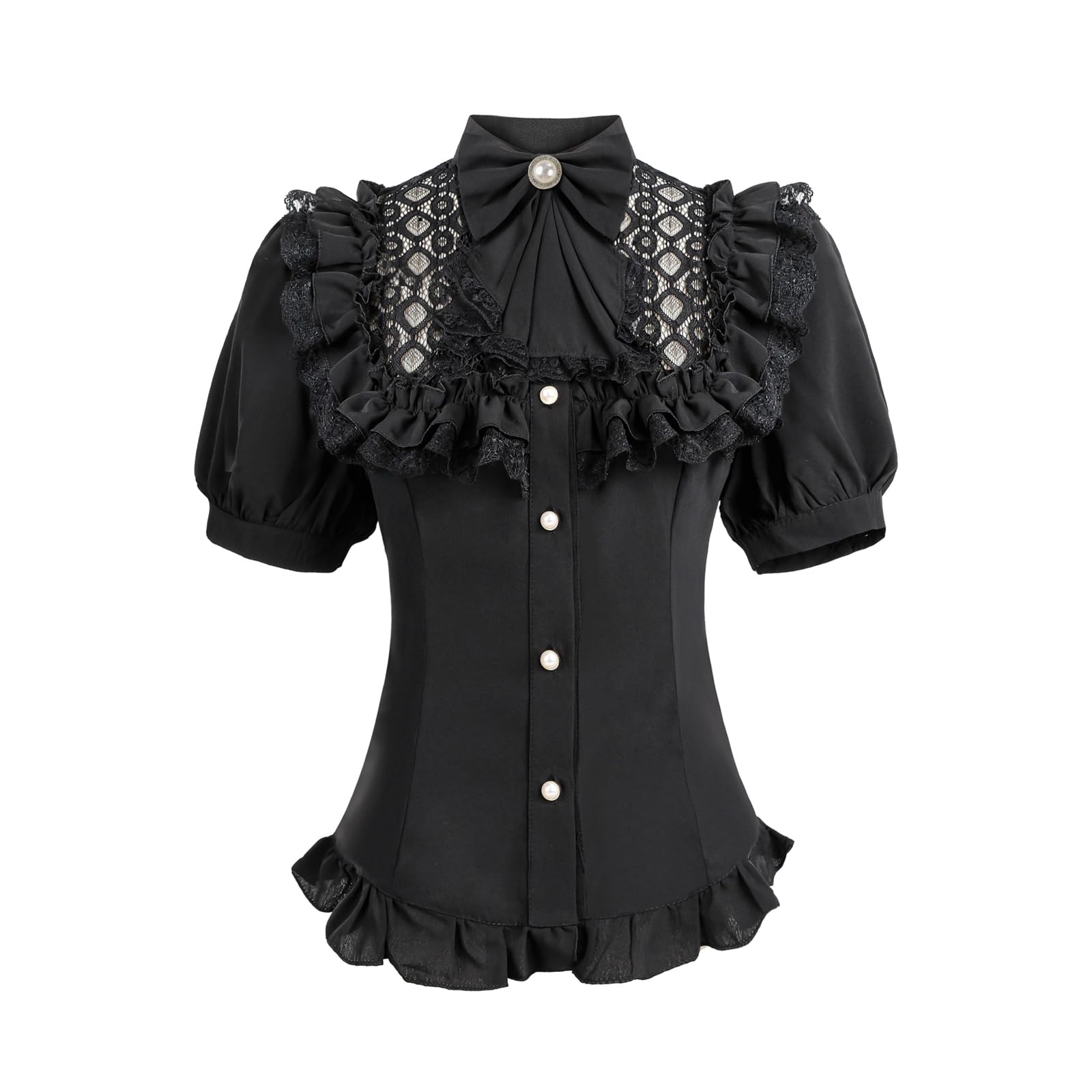 Fiamll Camicetta da donna vittoriana vintage con fiocco, colletto alto con volant a maniche lunghe, K-nero.