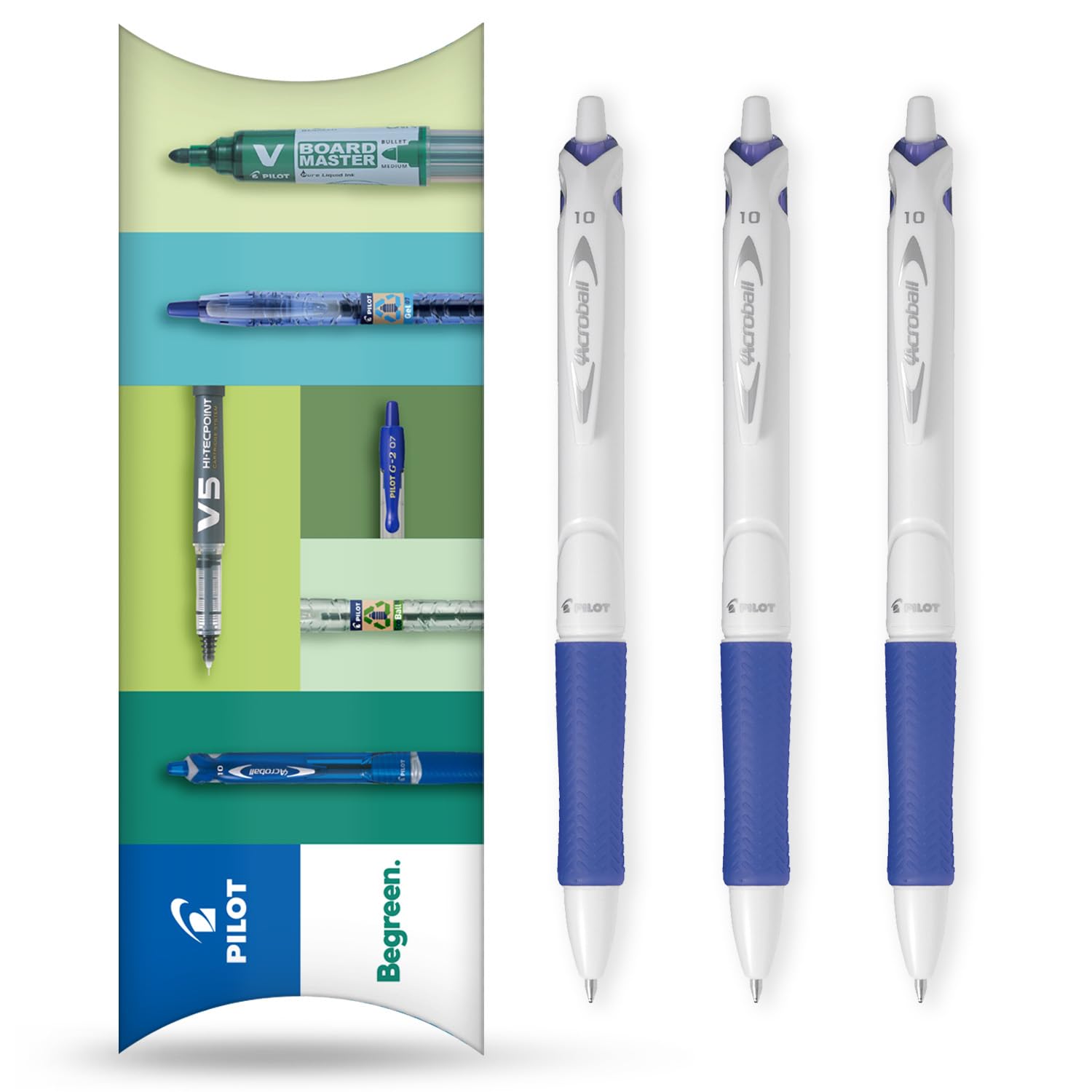 PILOT Acroball Pure White Retractable Ballpoint Pen, Begreen Range 79% Recycled, Pack of 3 Pens, Medium 1.0mm Nib