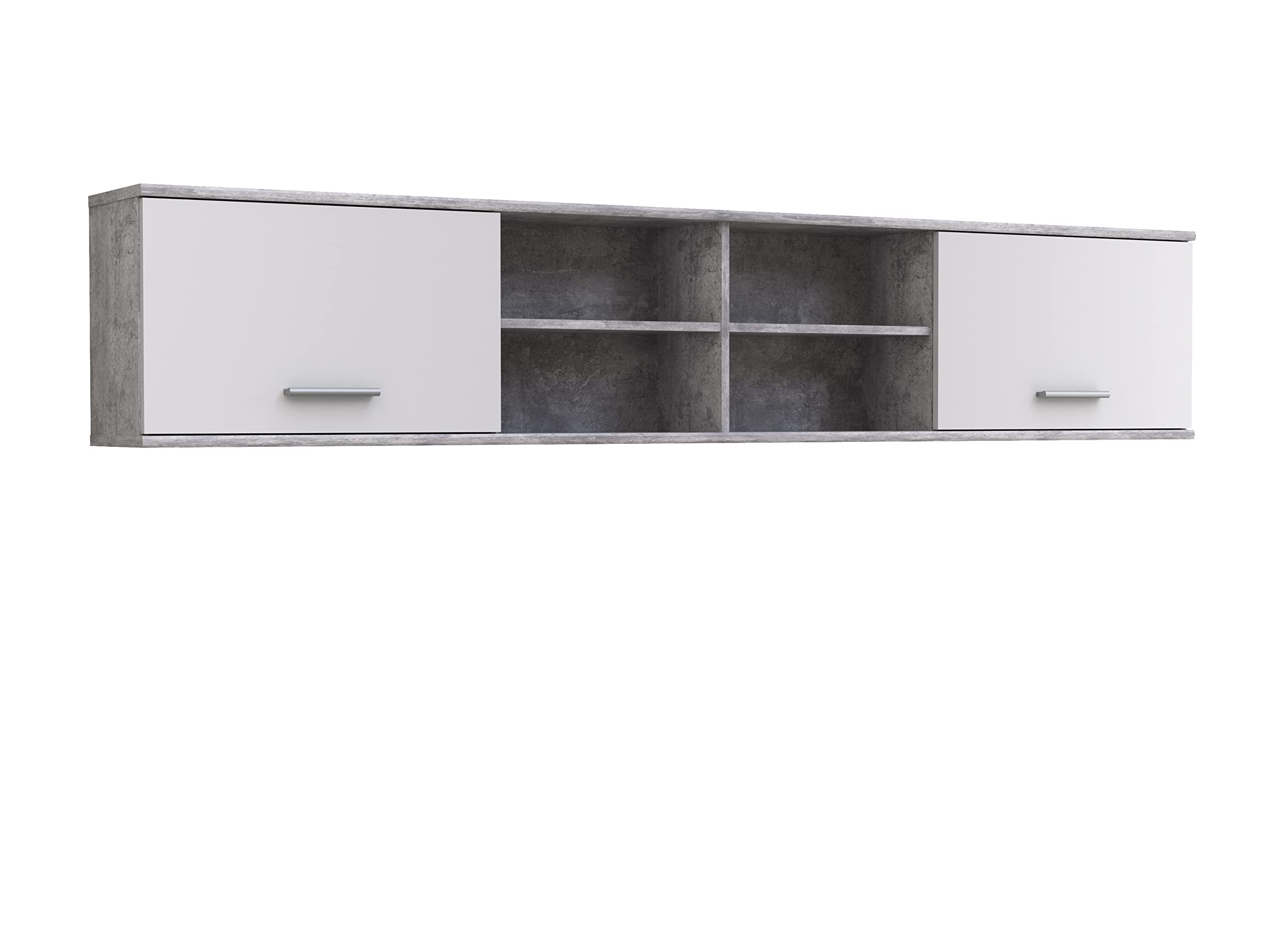 FORTE Lupo Wandregal mit 2 Türen, Holzwerkstoff, Betonoptik Grau mit Weiß , B x H x T: 206,4 x 39,3 x 25,1 cm