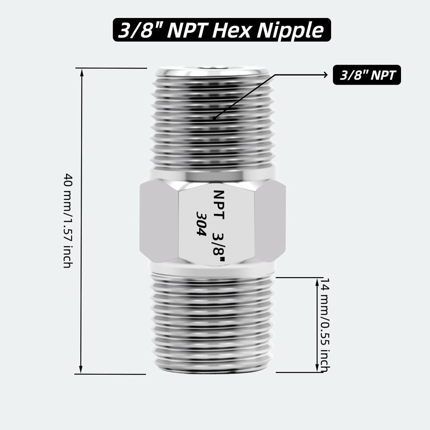 SummerHolz 3/8" NPT Hex Nipple, 304 Stainless Steel Male-to-Male Threaded Pipe Fitting for Air Compressor, Pneumatic, Hydraulic & Industrial Lines, 2-Pack