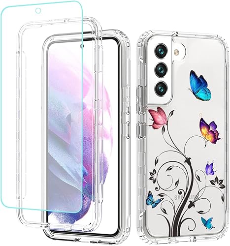 Funda para Galaxy S22, SM-S901U con protector de pantalla de vidrio templado, protección de diseño floral de cuerpo completo, carcasa dura + TPU a