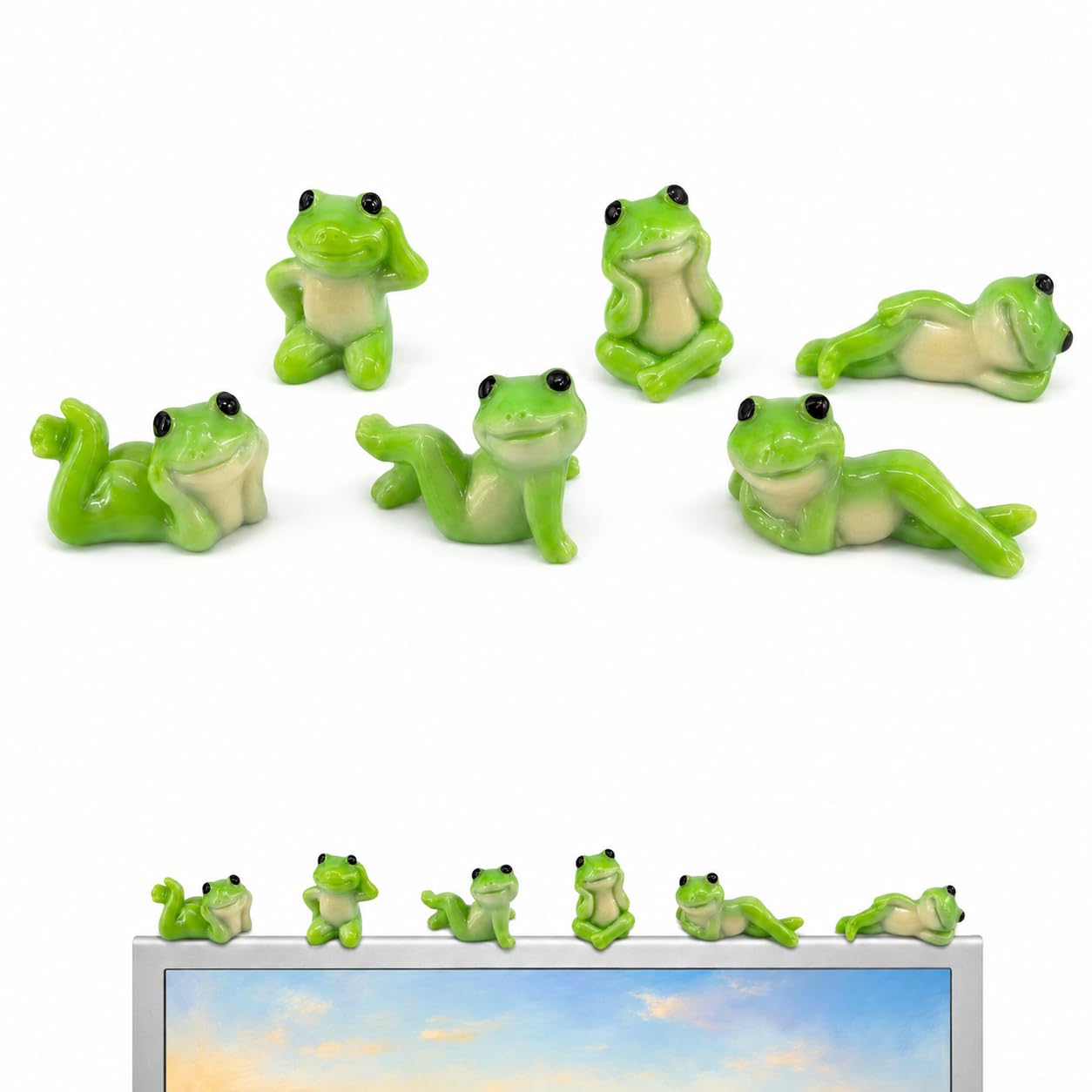 ZOUYIWET 6PCS Cute Frog Figurines, Mini Resin Frog Decor for Computer Monitor, Car Dashboard, Desk, Bookshelf, TV Stand and Home Office Decoration