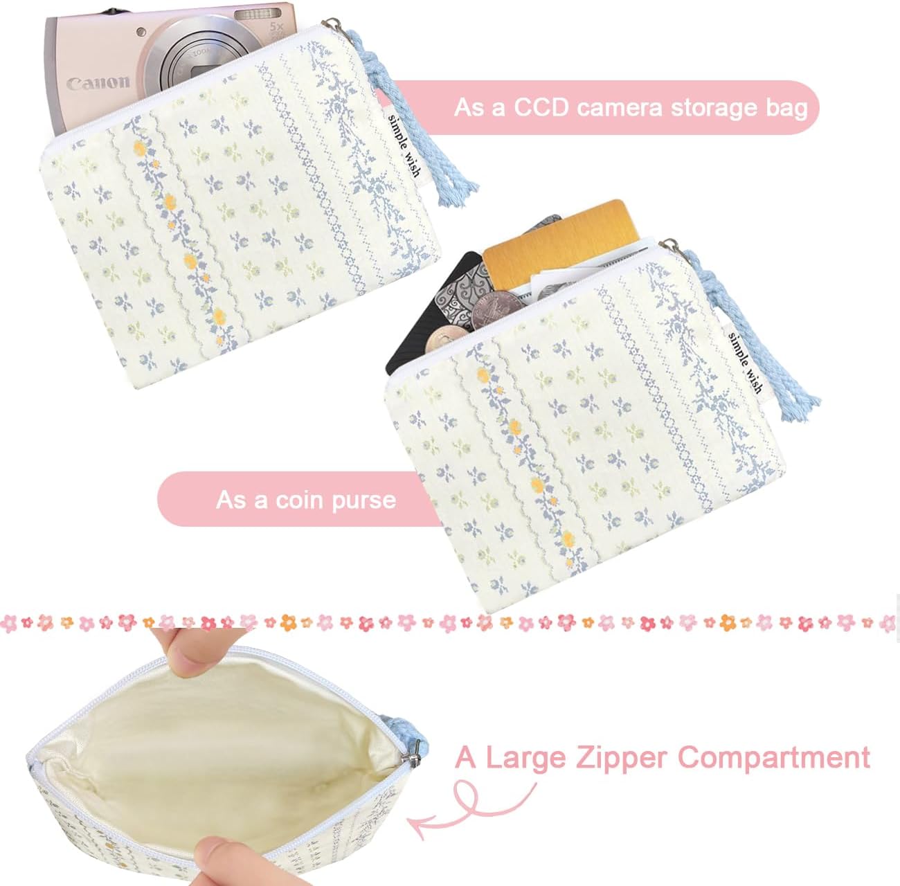 Cotton Floral Small Organizer Bag Coin Pouch with Cute Prints Zipper for Women Girls (DITSTY FLOWER) - Image 2