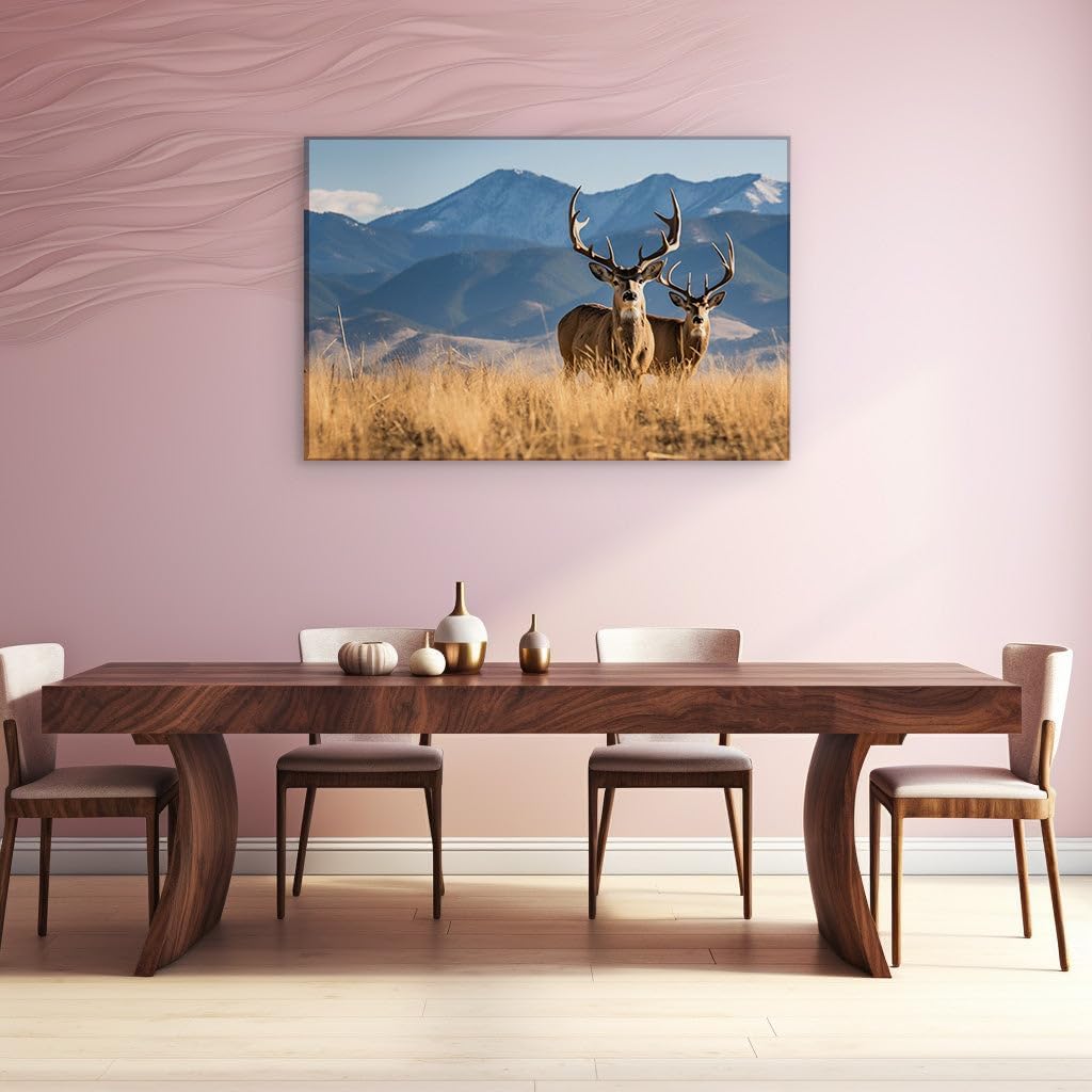 Canvas for Living room. Majestic Tranquility: Encountering Graceful Deers Amidst Snow-Capped Serenity, 27 x 18 inch Canvas Wall Art - Ready to Hang - 100x66 cm (39x26 inch)