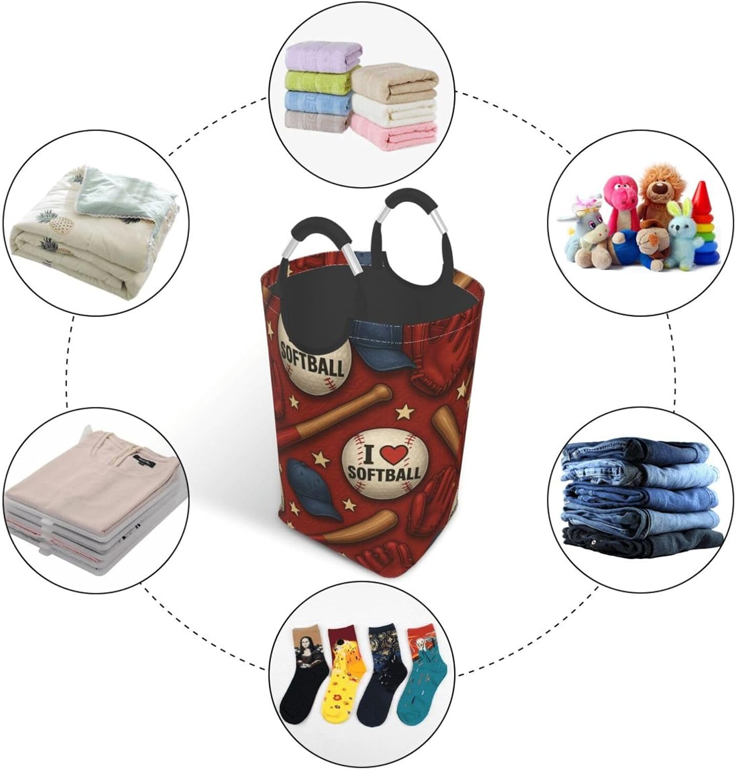 50l Laundry Basket Softball Theme Waterproof Laundry Hamper Foldable Clothes Laundry Bag With Handles