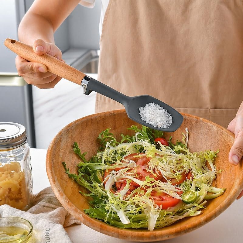 Solid Wood Handle with Stand Silicone Baking Tools Kitchen Cooking Spatula Spoons Storage Seat