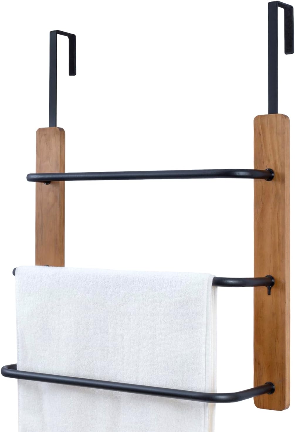 MyGift Rustic Over The Door Towel Rack, 3 Tier Solid Burnt Wood and Matte Black Metal Space Saving Bathroom Door Hanging Towel Bar