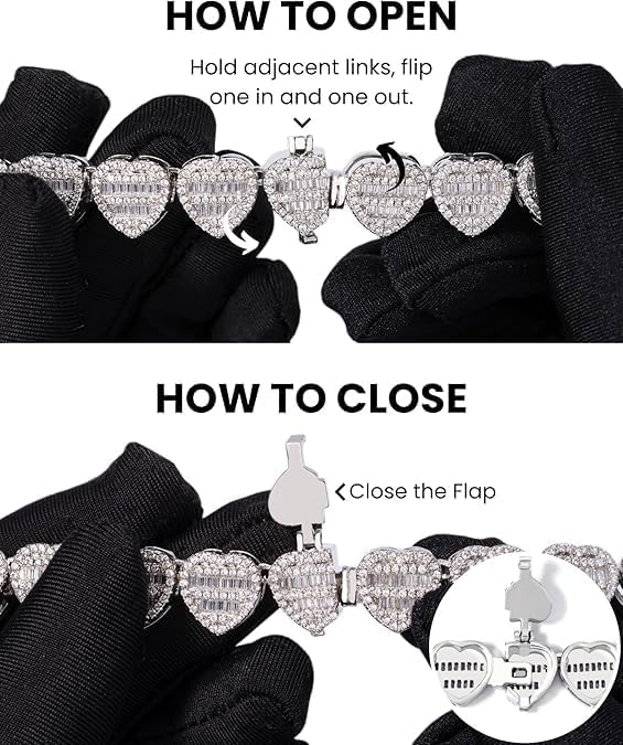 Lulu Mel Iced Out 12mm Heart Bracelet Baguette Diamond Bracelet For Women, Hip Hop Mens Full CZ 14K Gold Plated Chain Bracelet Rapper Chains With Jewelry Box - Image 6