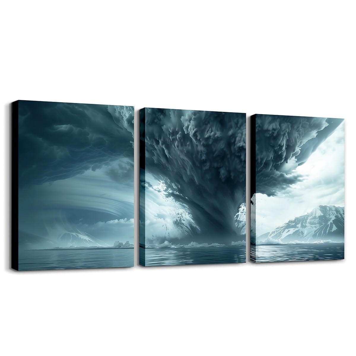 Tornado Canvas Wall Art for Living Room Bedroom, Ocean Sea Wave Print Paintings Wall Decor Blue Lightning Print Poster Prints Natural Disaster Scenery Wall Art 30x40 cm Set of 3 Without Frame