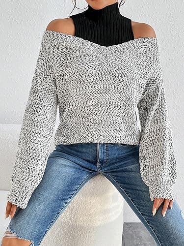 GORGLITTER Women's Cold Shoulder Long Sleeve Oversized Patchwork Sweater Trendy High Neck Fall Cozy Chunky Sweater Top4