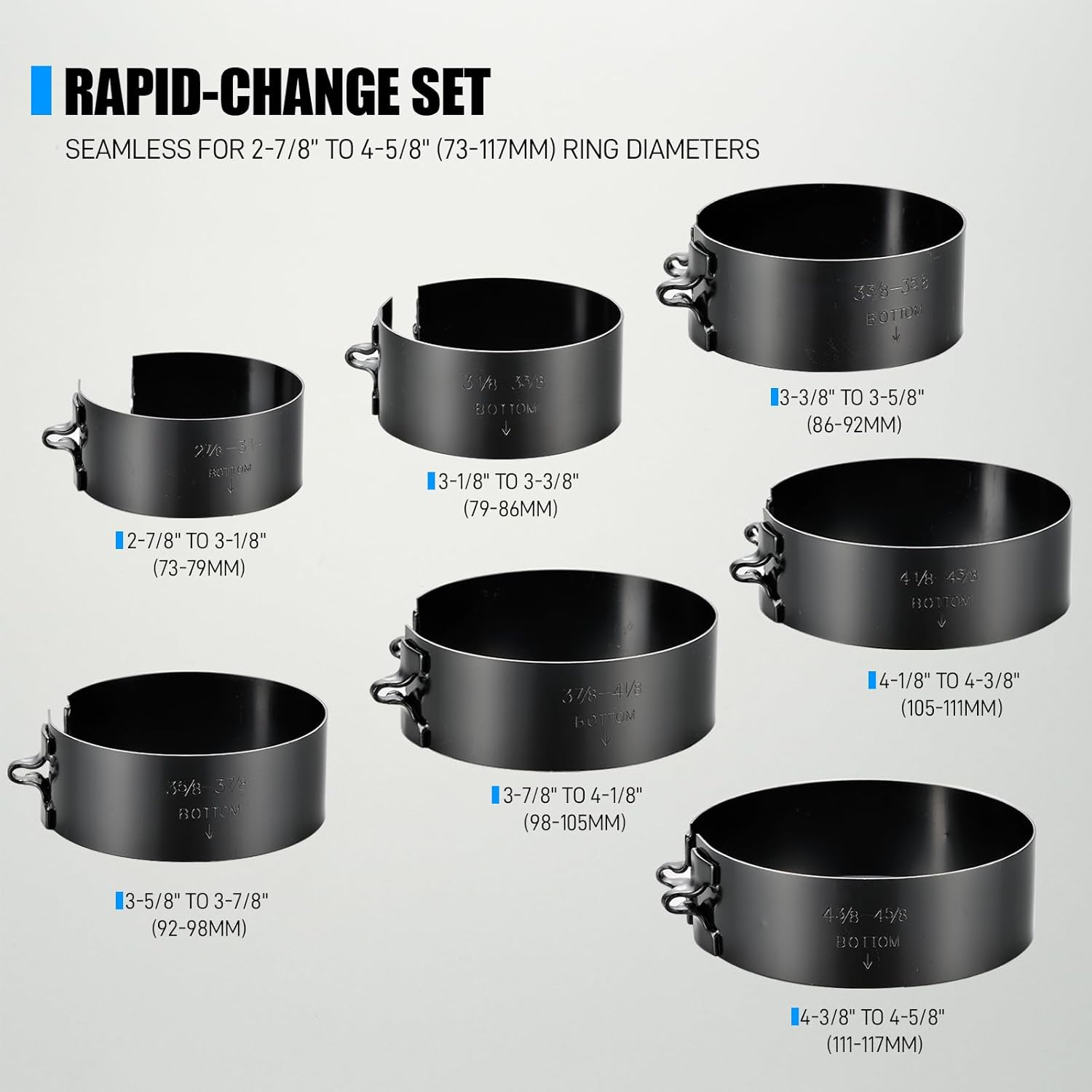 8 Piece Piston Ring Compressor Tool Set with Piston Ring Pliers and 7 Piston Rings from 2-7/8" to 4-5/8"(73mm-117mm), Ring Compressor for Car Engine