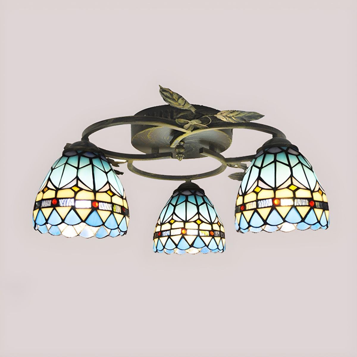RUNNUP Tiffany Traditional Semi Mount Ceiling Light 3-Light Stained Glass Pendant Light for Living Room Bedroom Hotel Cafe, White-Green