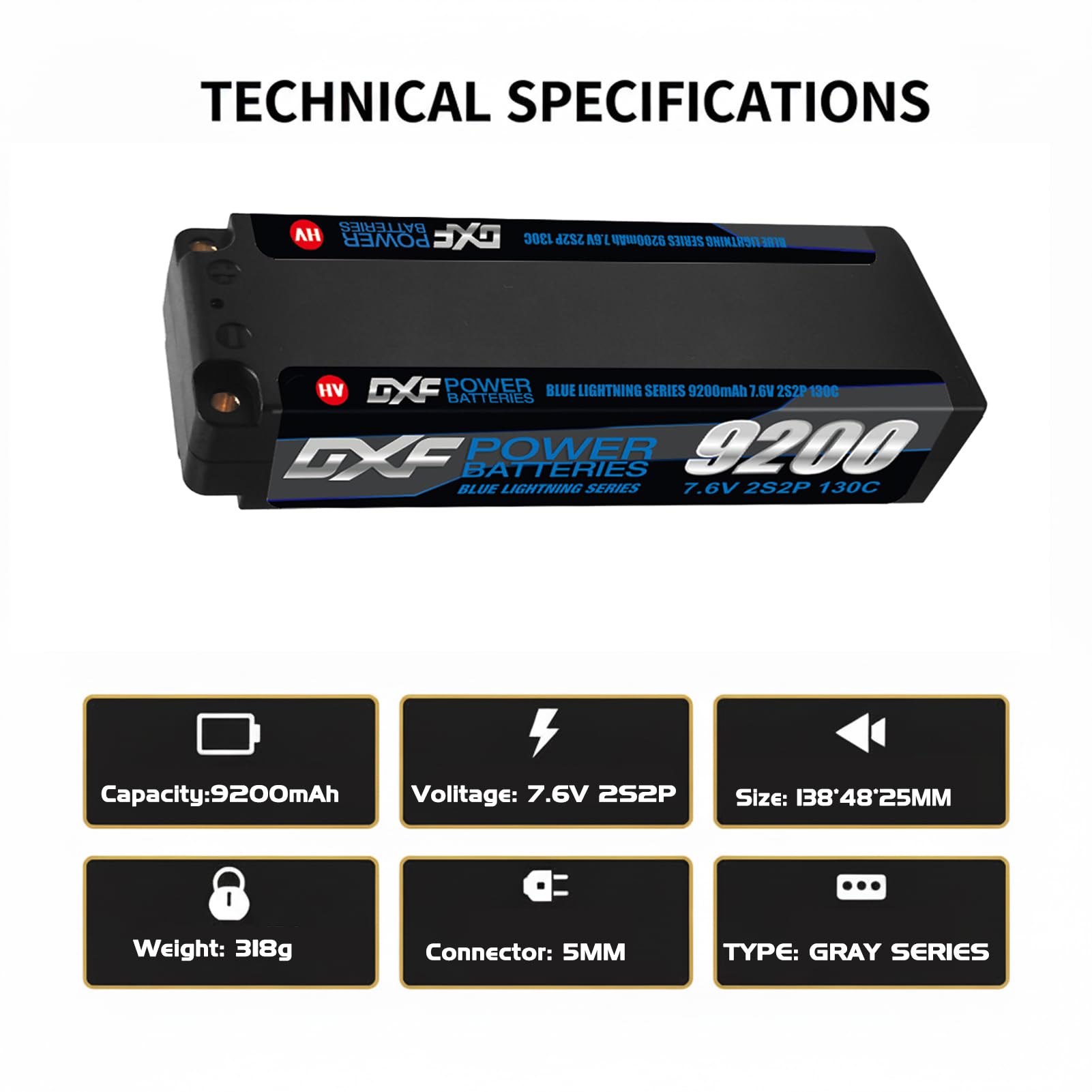 DXF 2 Confezioni Batteria LiPo 2S HV 7.6V 9200mAh 130C con Spina 5mm Deans T per Auto RC Aereo Elicottero Hobby Alta Potenza Lunga Durata Alte Prestazioni Ampiamente Usato