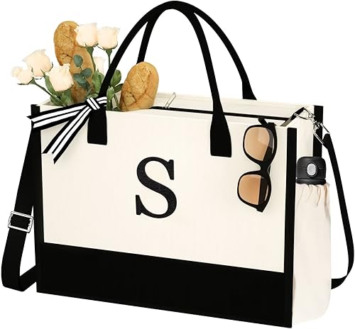 QLOVEA Bolsa de lona de playa para mujer, regalos de cumpleaños, 16 onzas, bolsa de lona personalizada con inicial con correa, cremallera y