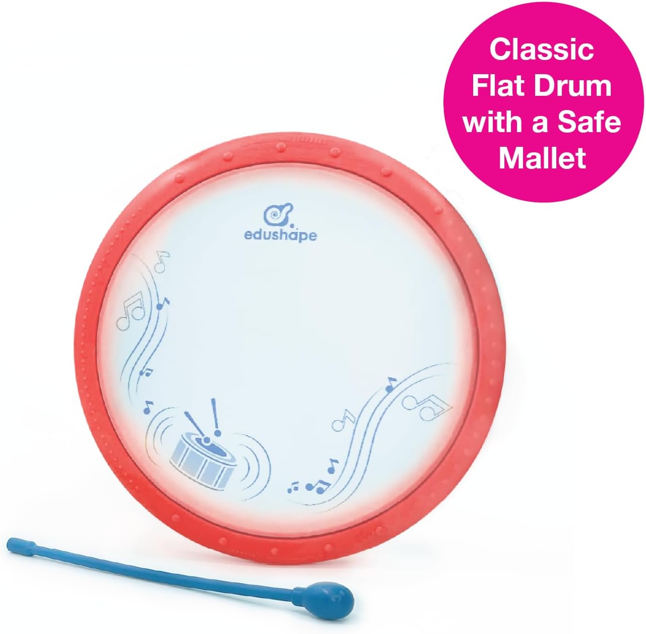 Edushape Classic Flat Drum for Baby with Easy-Grip Mallet - Set of 1 Red Color Baby Drum Toy for Toddlers, 2-Year Old and Up - Small Drums Musical Toy for Babies, Fun Tummy Time, Sensory Development image 2