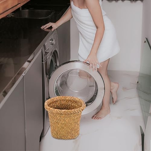 Miniatura 4 de Zerodeko Cesta de basura tejida de mimbre para decoración de oficina, contenedor de basura rústico, cesta de flores para baño, cocina, hogar,