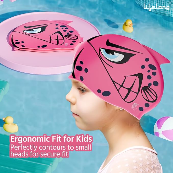 Lifelong Waterproof Silicone Swim Cap for Kids | Adjustable Swim Cap for Boys & Girls | Comfortable Fit for Swimming Pool | Easy-to-Wear Kids Swimming Accessories (Pink)