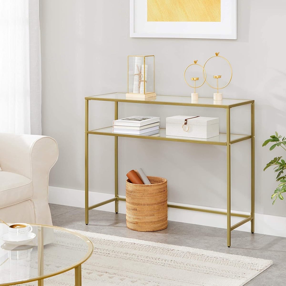 VBChome Table console 100 x 35 x 80 cm, 2 compartiments, doré, cadre en métal, verre trempé, salon, chambre à coucher, table d'appoint, pieds réglables, étagère de rangement 100 x 35 x 80 cm, 2