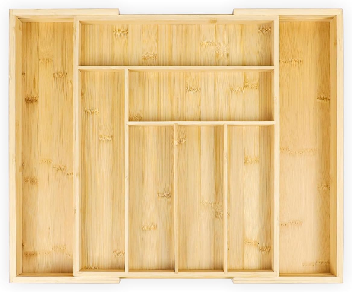 Bamboo Kitchen Drawer Organizer for Utensils Holder, Cutlery Tray and Silverware Organizer, Drawer Dividers Organizer for Silverware, Flatware, Knives in Kitchen (Natural, Large)