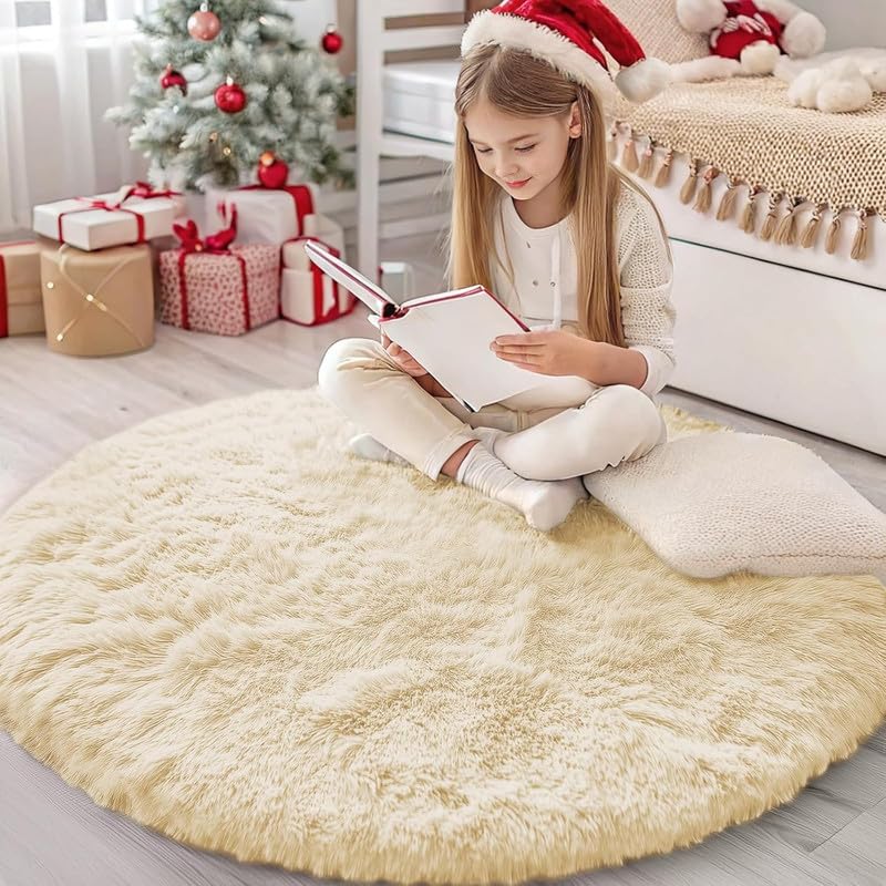 Image of Plain Fur Rugs Bedroom Home Drawing Room Kitchen Rectangle 9x9 Feet Round Butter Cream