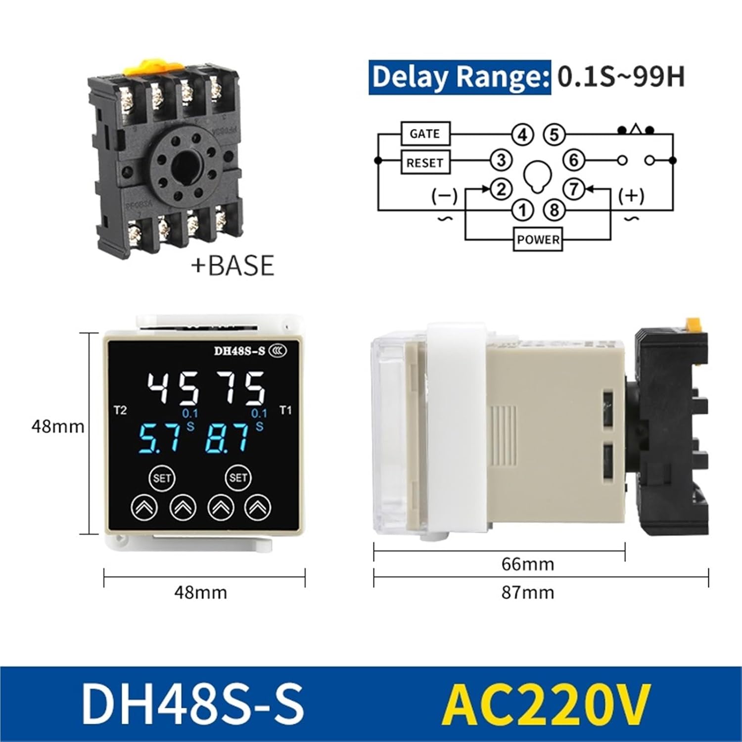 Digital Time Relay DH48S-S 1Z 2Z Programmable Cycle Delay AC220V AC380V DC24V DC12V with Socket Base 8 Pin 0.01S-9999H 1Pcs(DH48S-S AC220V)
