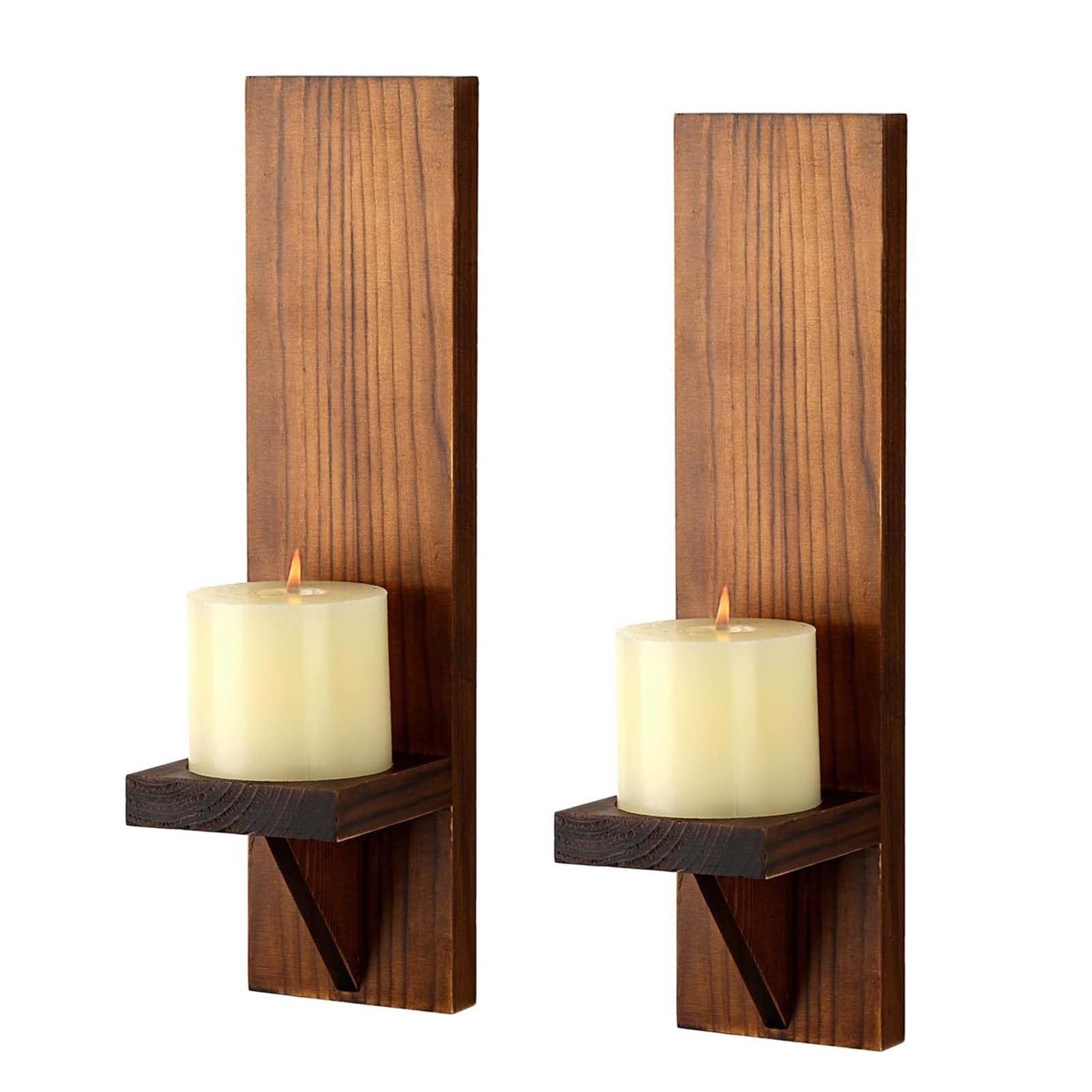 2PCS Wooden Wall Candle Sconces, Decorative Candle Holder Wall Mounted Pillar Candle Stand, Votive Candlestick Sconce, for LED Candles, Incense Cones, Spa, Weddings(Brown)