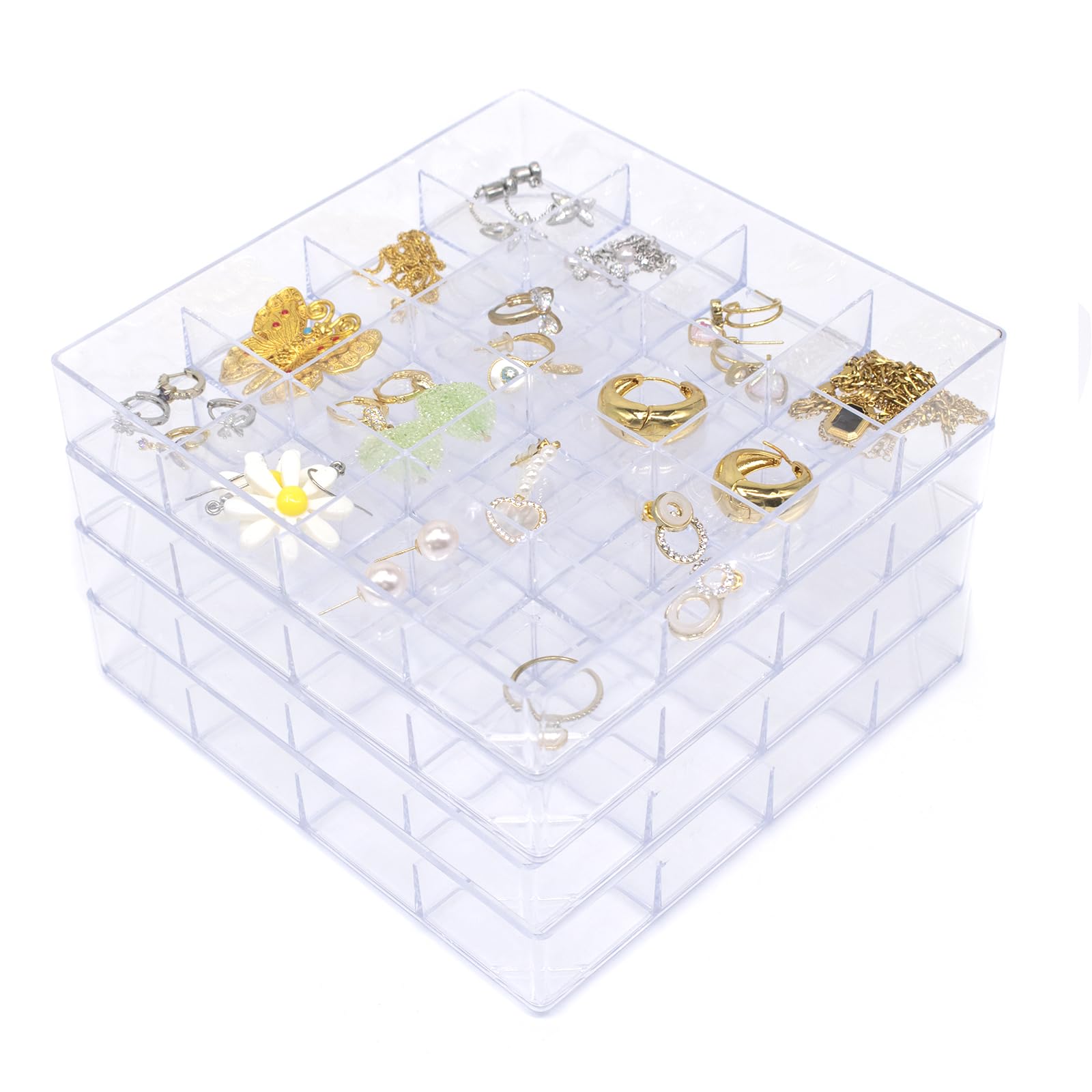 4 PCS Stackable Jewelry Organizer Tray, Plastic Storage Box with 16 Mini Grid (1.57''), Clear Organizer Tray for Drawer Dresser Vanity Desk, Jewelry Storage Box for Necklaces Bracelets Rings Earrings