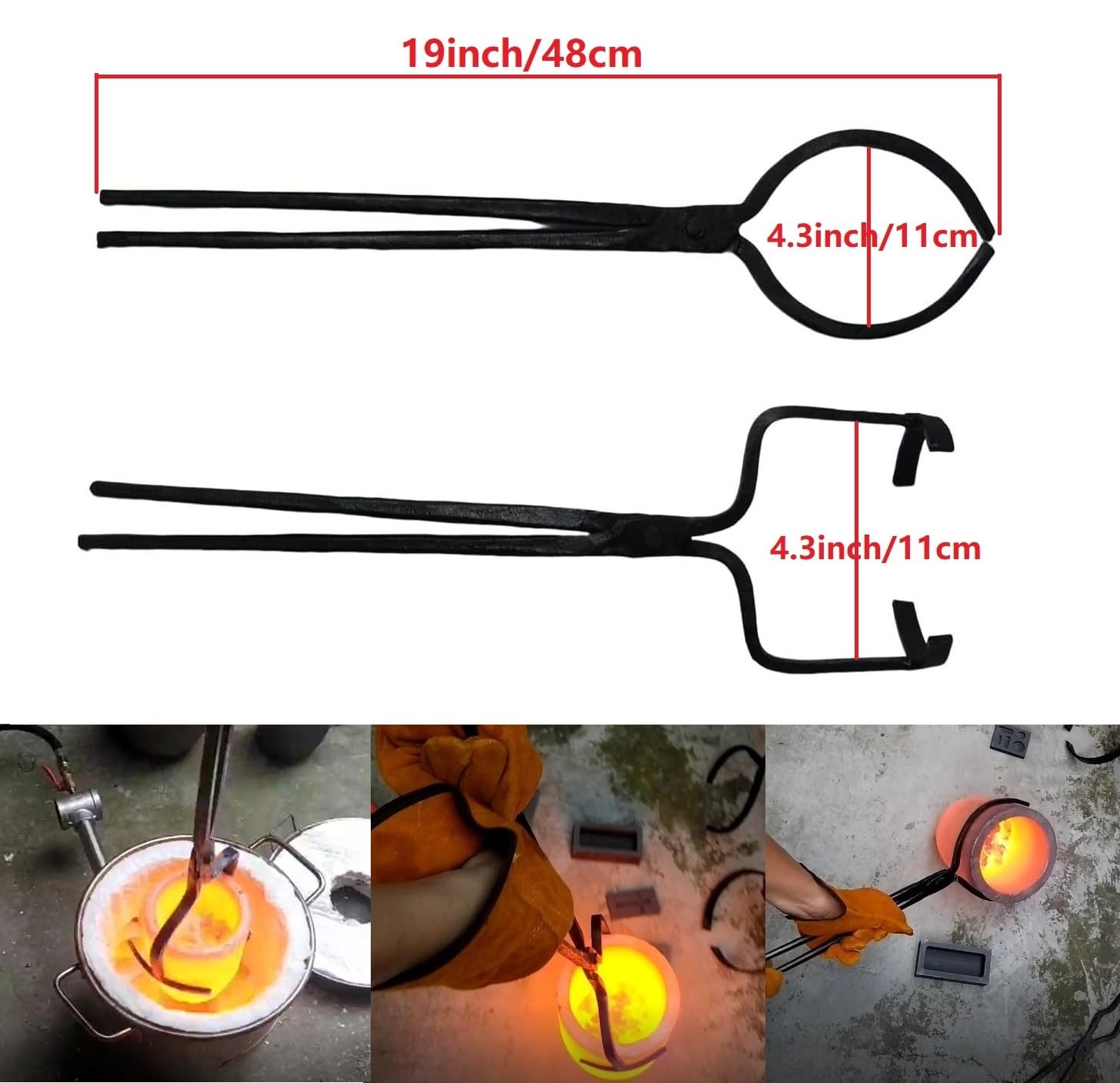 Pinzas de crisol de 6 kg para derretir metal, con pinzas de elevación y pinzas de vertido, mandíbulas de 4.3 pulgadas, 19 pulgadas de longitud, color negro