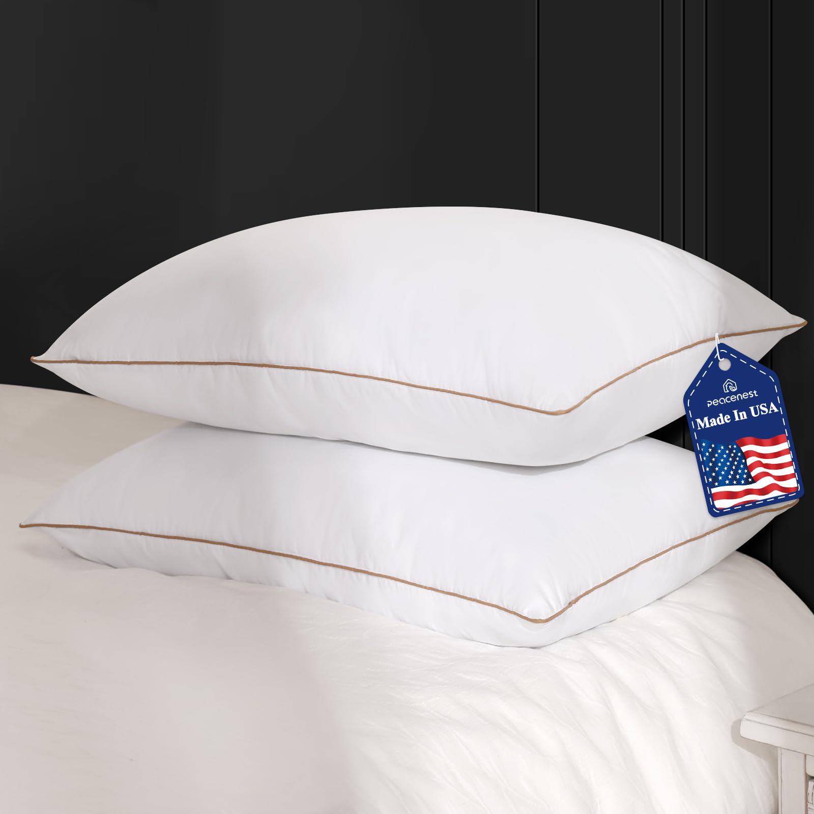 Peace nest Bed Pillows Standard Size 20x26 Inches Set of 2 Made in USA Goose Feathers and Down with Cotton Cover Hotel Collection Luxury Soft Sleeping