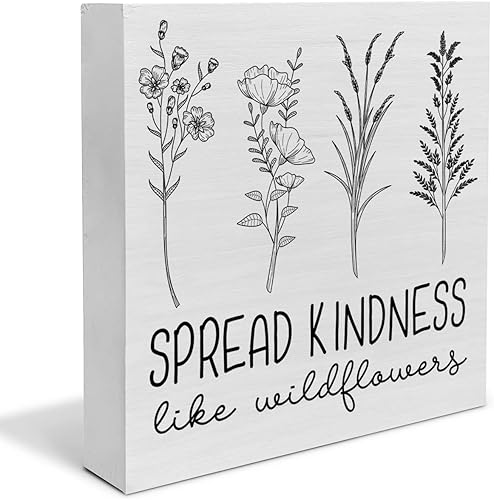 Cartel de madera Spread Kindness Like Wildflowers, caja de madera con flores de granja, letrero de bloques de escritorio, letreros rústicos para