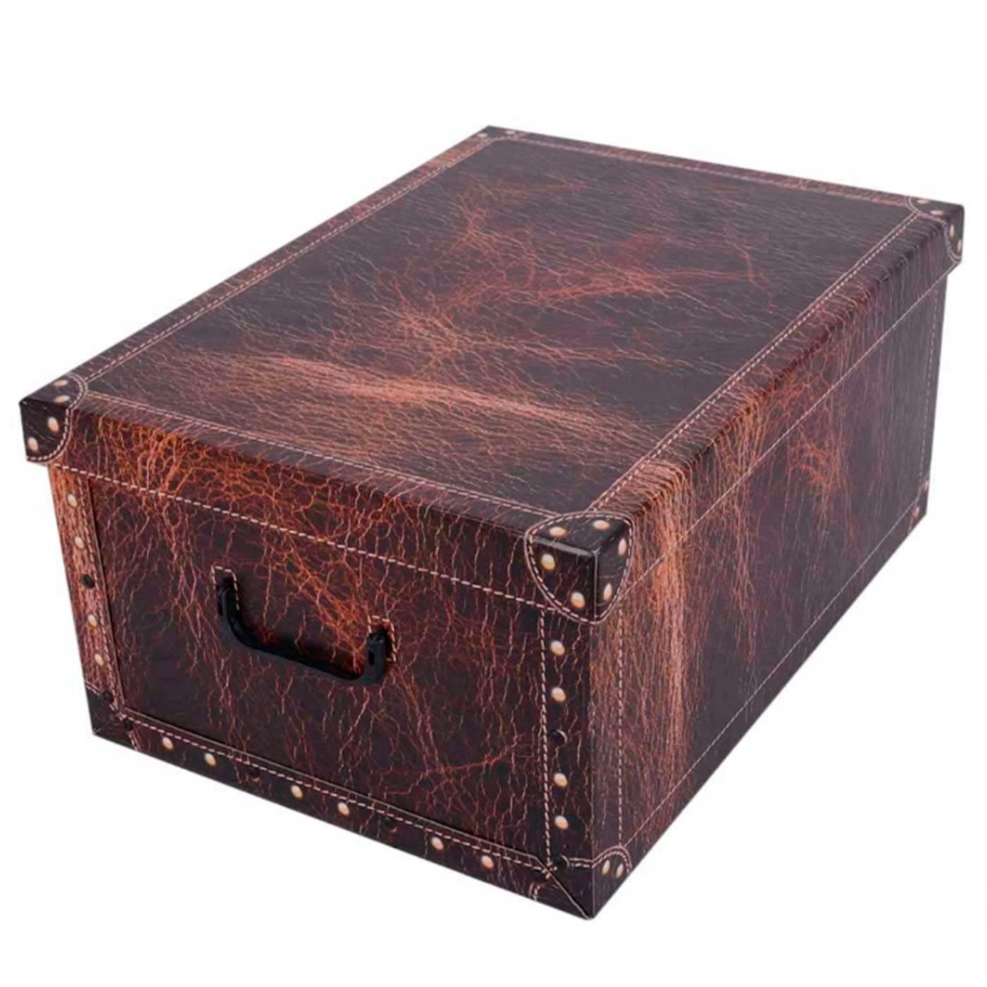 Caja de cartón plegable con asas, diseño de imitación de cuero, almacenamiento, organizador de ropa, juguetes, libros (Marrón oscuro, 51 x 37 x 24 cm)