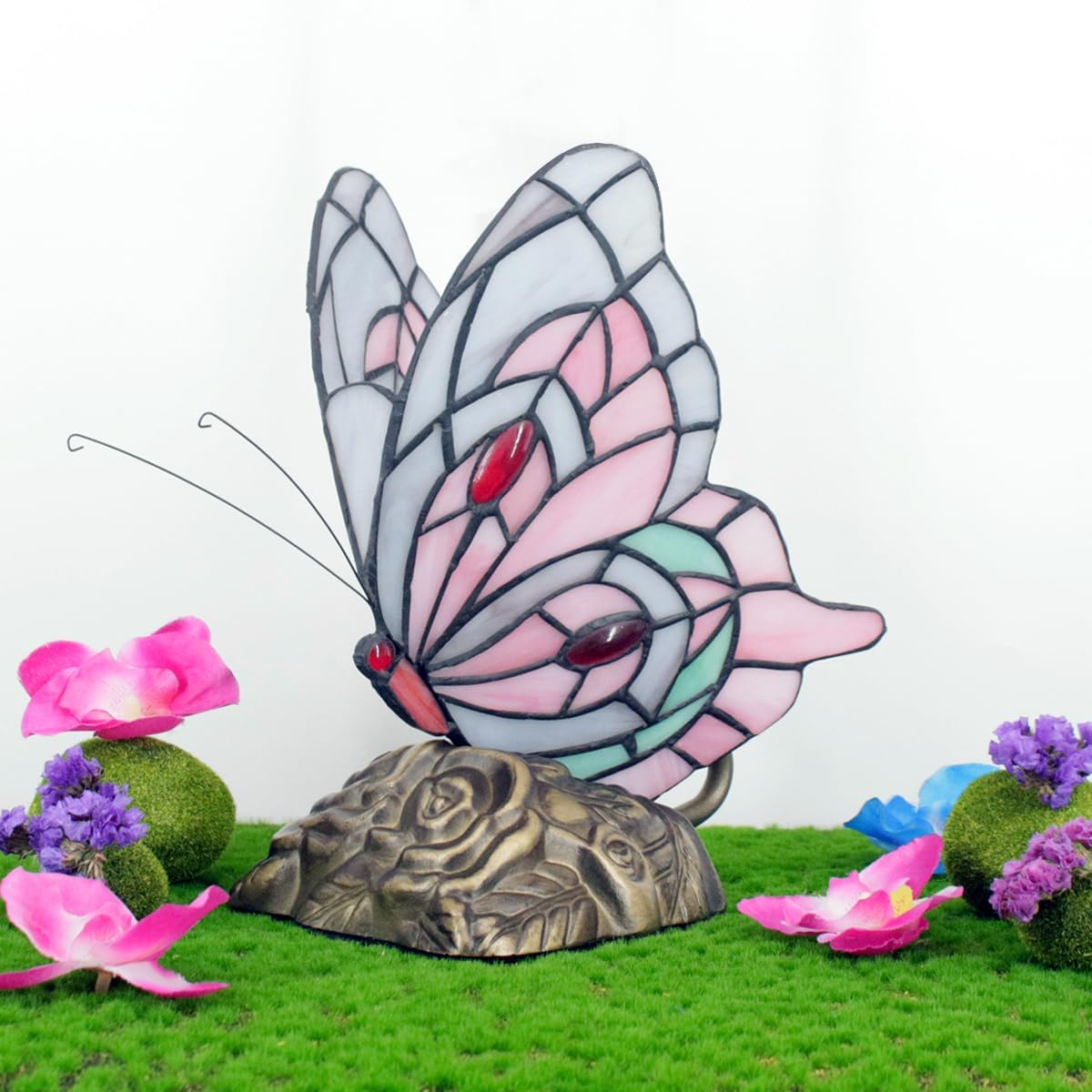 Small Tiffany Table lamp Stained Glass Butterfly Desk Lamp 7X5X9.8 Inch Accent Antique Light (Pink Butterfly)