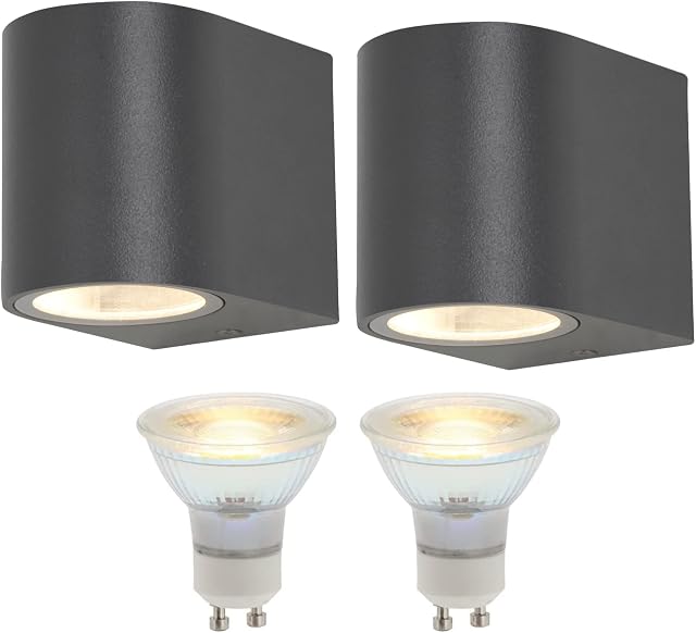 Outdoor Mains Downlight LED Wall Light - For Doorways Patios and Outside Garden Lighting: 2x GU10 Bulbs Included: Twin Pack: Black