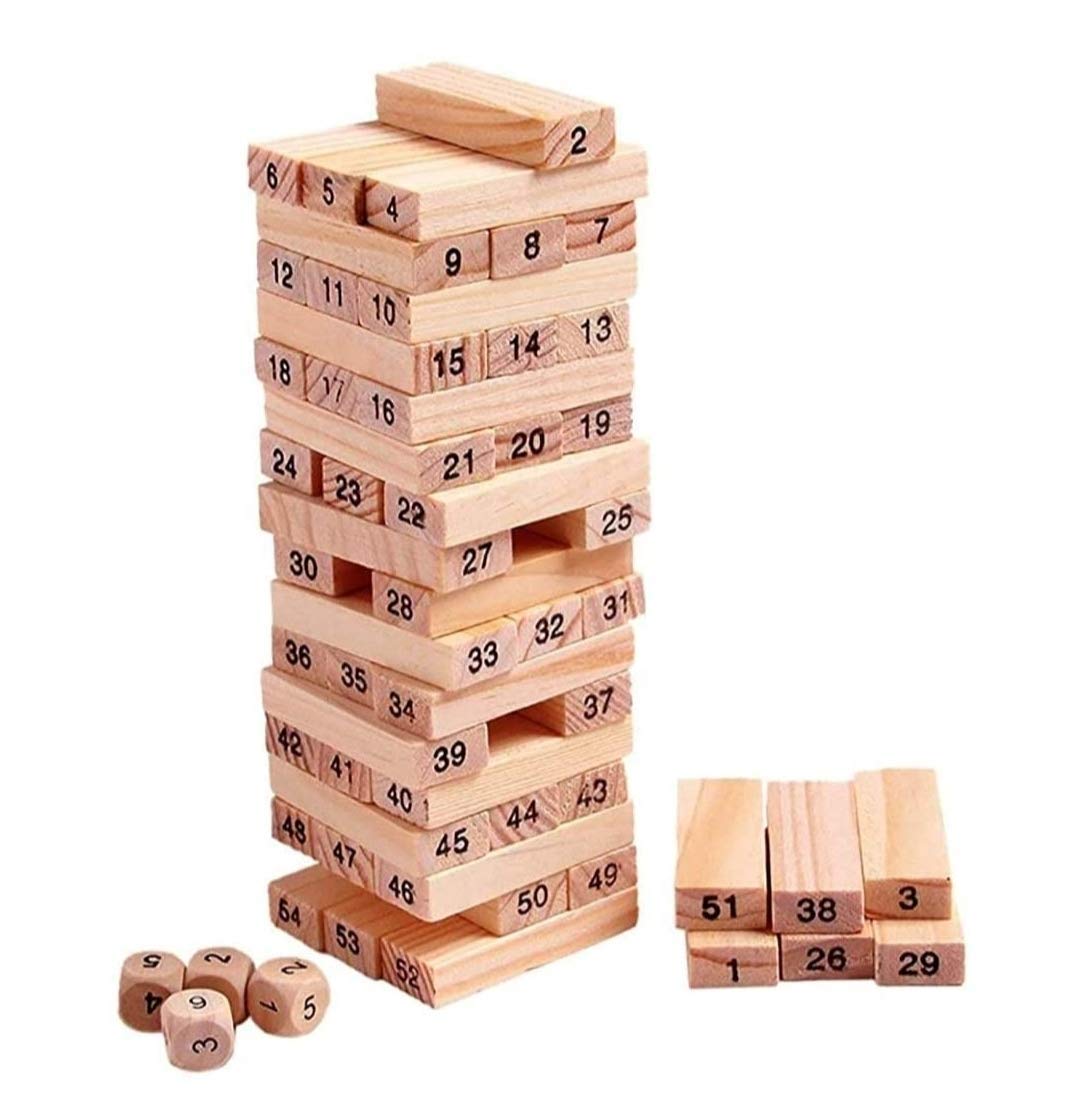 WHITESOUL Tumbling Tower 54 Pieces Numbered Wooden Block Stacking Game with 4 Dices, Challenging Maths Game for Adults and Kids