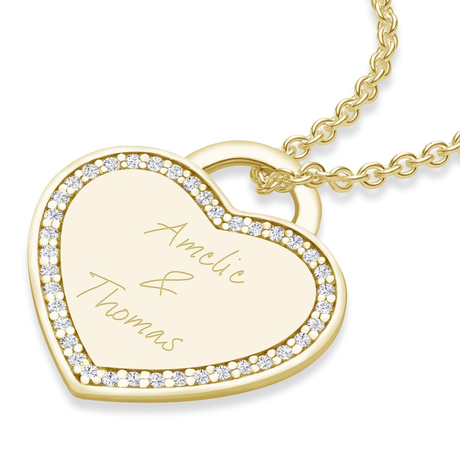 Herz Kette Gravur Gold (Silber 925 hochwertig vergoldet) von AMOONIC | inkl. Luxusetui, Kettenanhänger mit Gravurplatte individuell Anhänger gravierbar