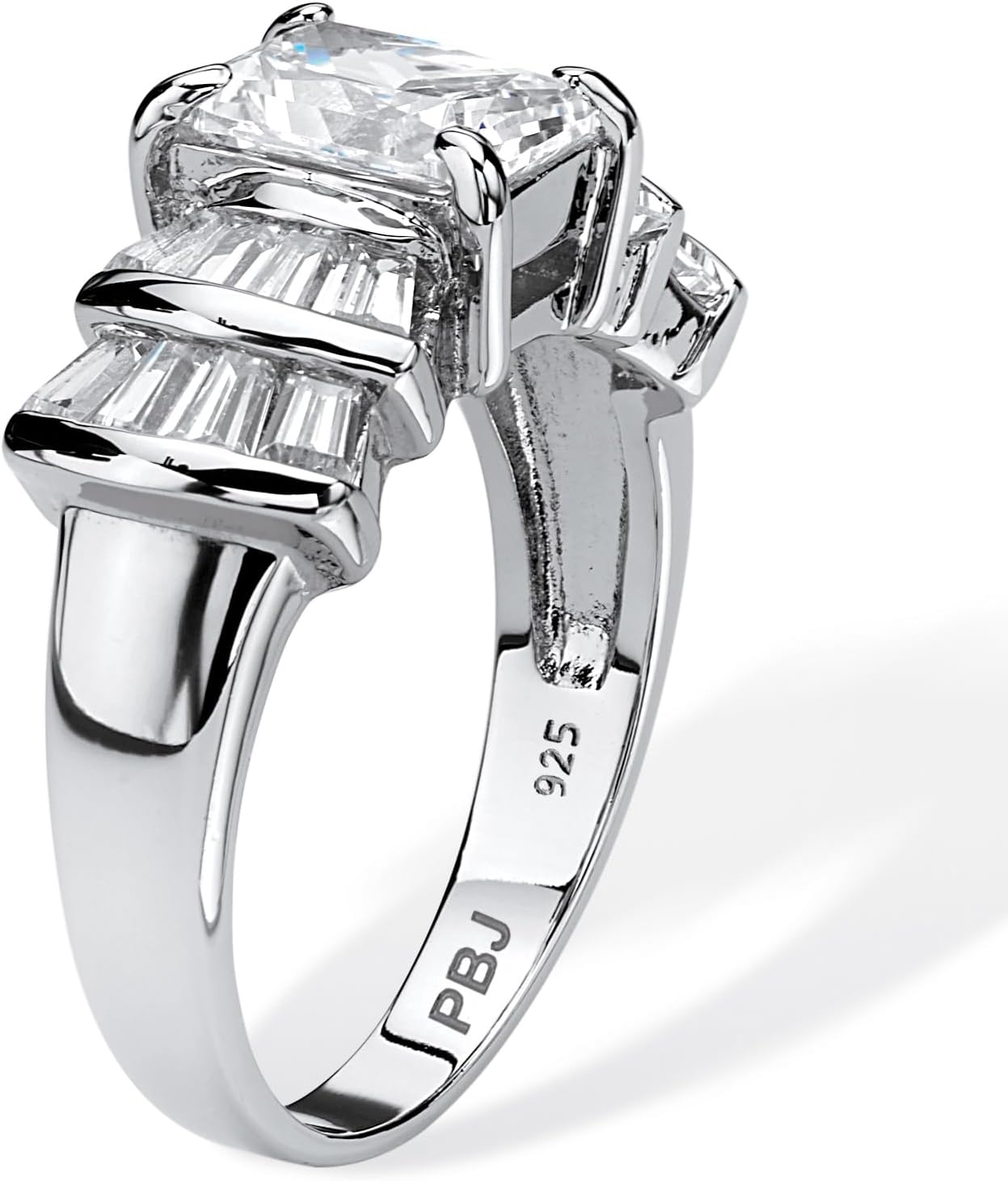 Platinum over Sterling Silver Emerald Cut and Baguette Cubic Zirconia Step Top Engagement Ring - Image 2
