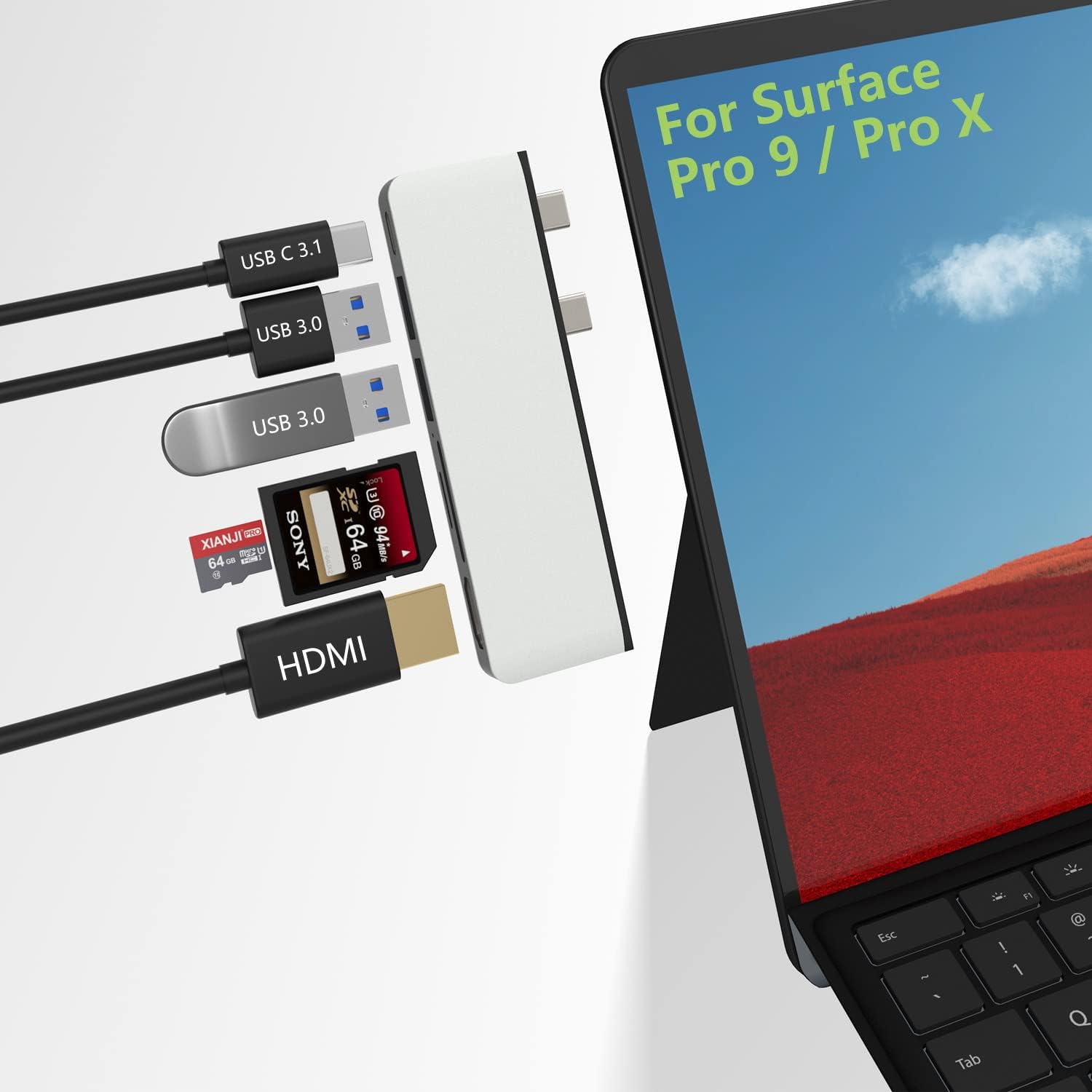 Surface Pro X USB C Dockingstation, 6in2 Aluminium USB C Hub