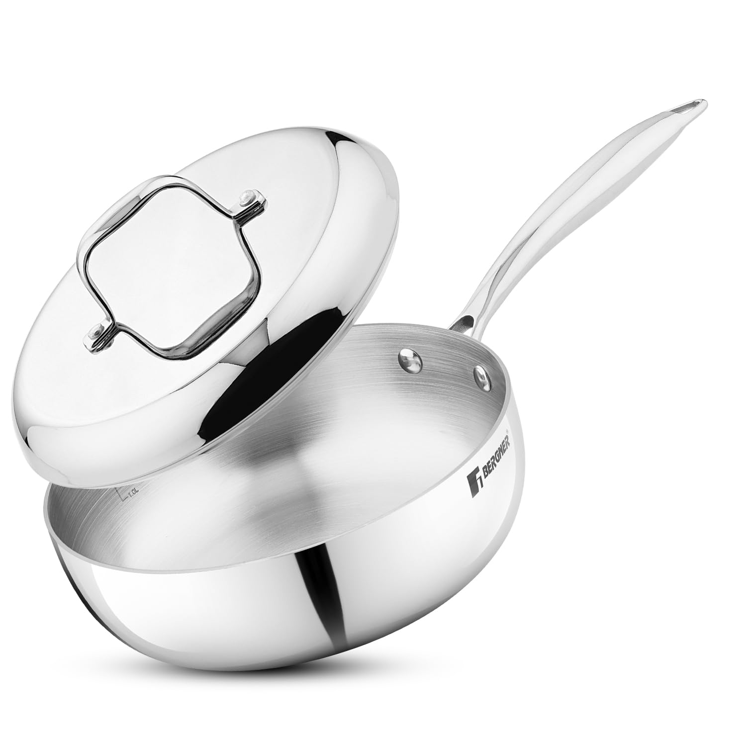 Bergner Argent Saira Triply Stainless Steel 22 cm (2.5 Liters) Multi Purpose Frypan/Frying Pan with Curved Shape Lid and Welded Cast Handles, Less Oil Cooking - Induction Bottom and Gas Stove Ready