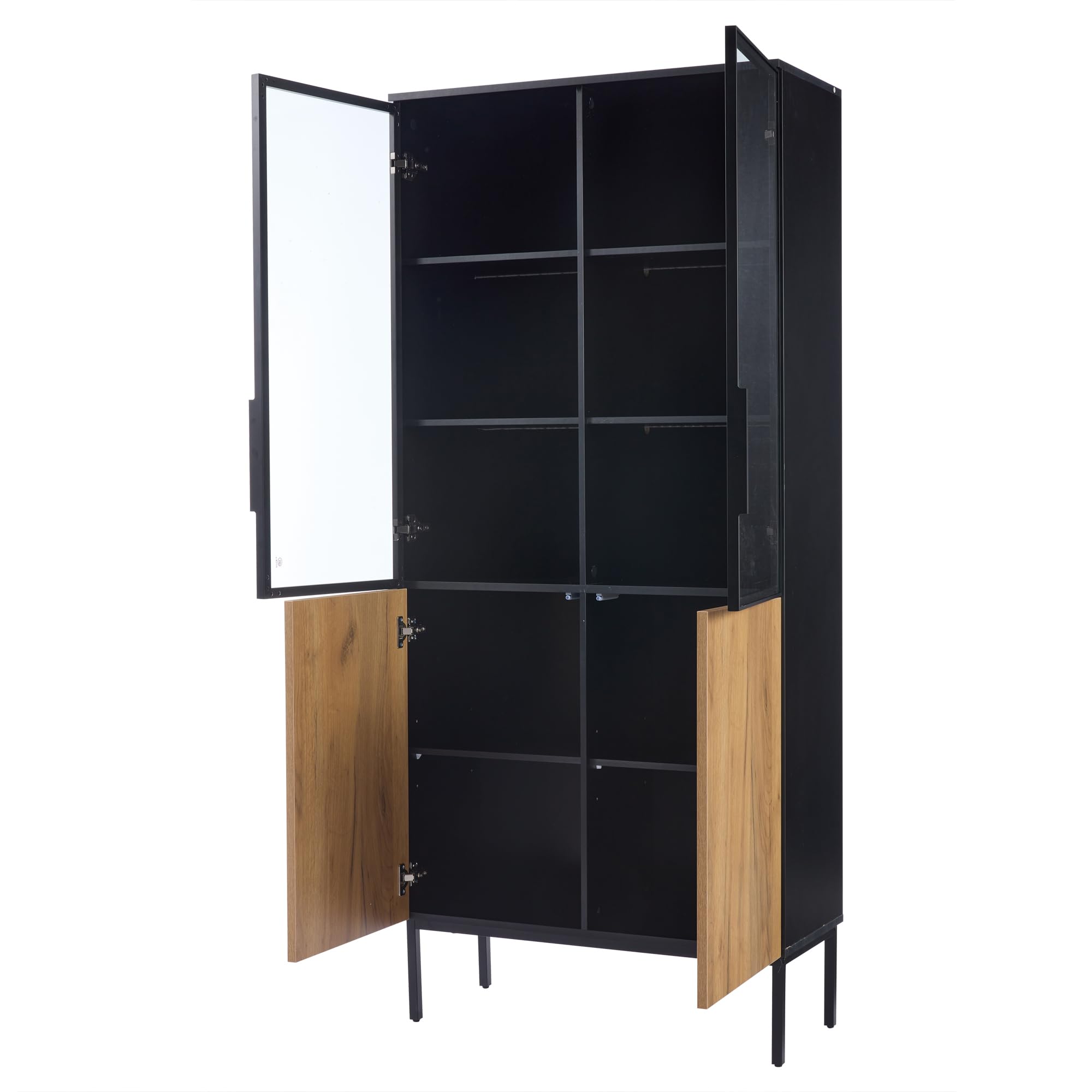 Kebnor Vitrina con puertas de cristal, armario de 180 cm de alto con luces LED, estantería de 5 pisos de cristal para coleccionables, estantería, oficina, color negro y roble