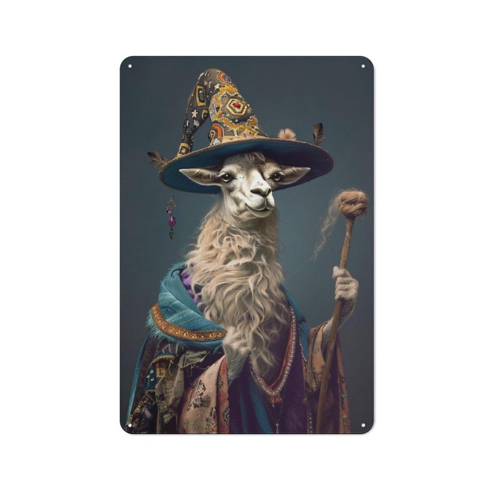 Industrial Metal Sign with Llama Wizard Portrait Design 30x20cm, Modern Retro Loft Wall Plaque for Workspace, Cafe, Hallway Or Garage
