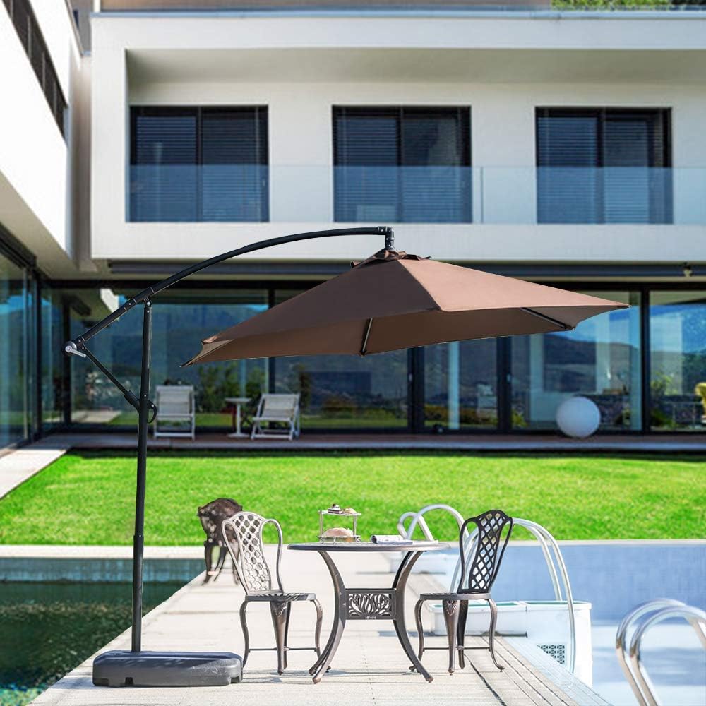 LOKATSE HOME 10 Ft Offset Cantilever Outdoor Patio Hanging Market Backyard 70L Heavy-Duty Base Stand, Umbrella Set, Brown