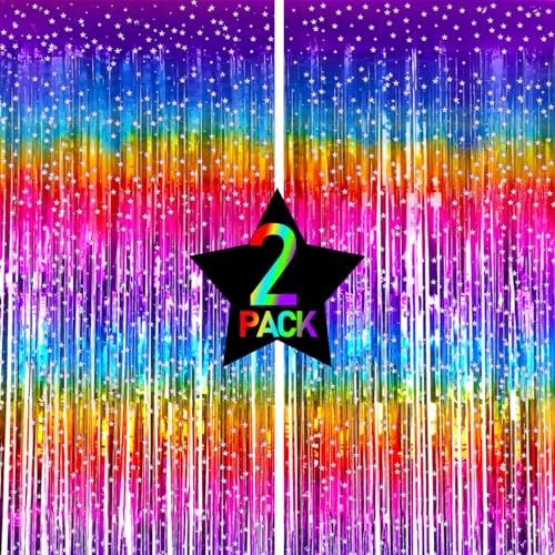 2pcs Door Streamers Neon Metallic Tinsel Foil Fringe Curtains Self Adhesive Colorful Sparkling Backdrop Metallic Streamers for Photo Booth Props Star Pattern Streamers Party Decorations (3.3x6.6Ft)